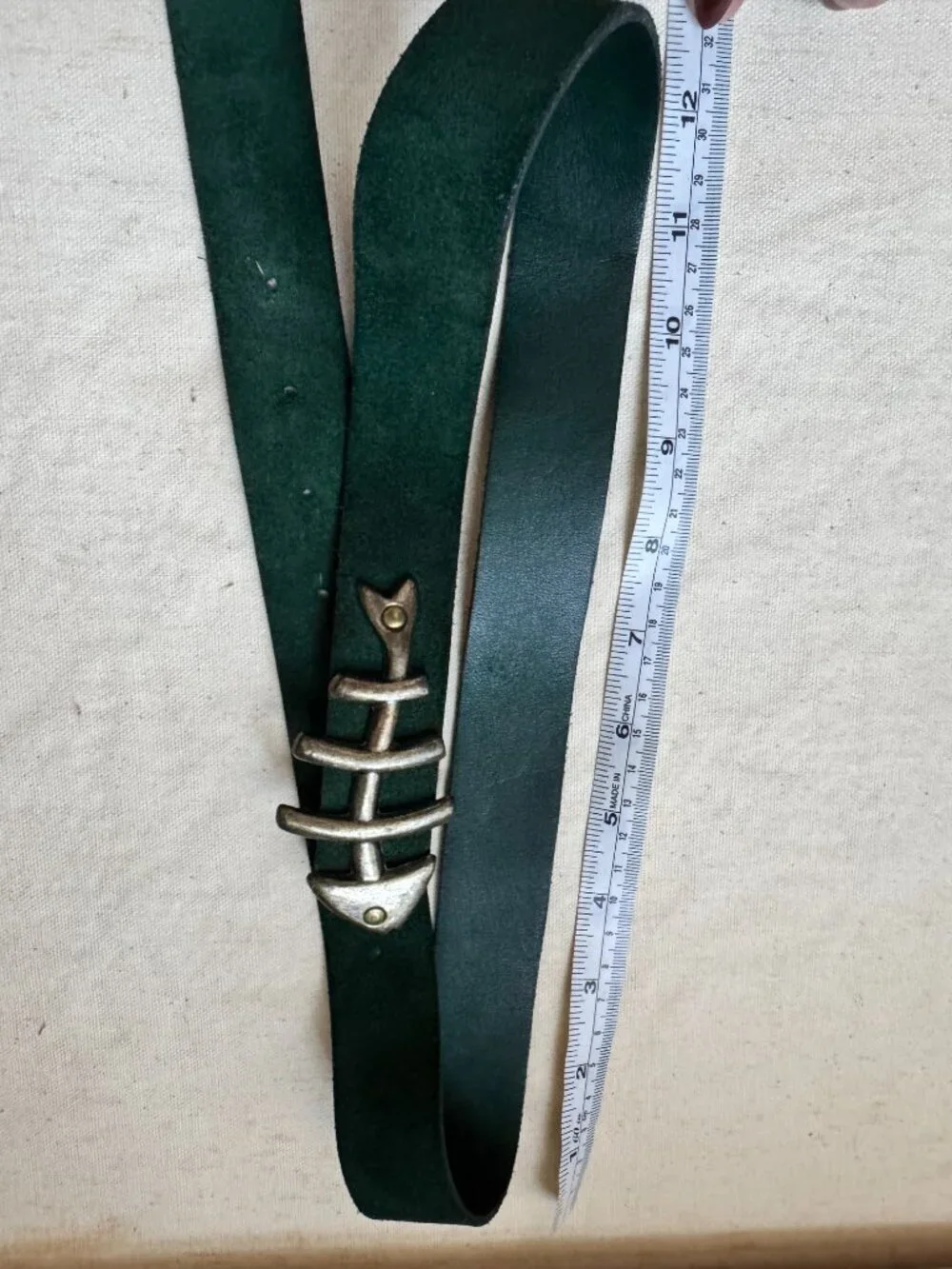 Vintage Handmade Green Leather Suede Belt with Fishbone Buckle